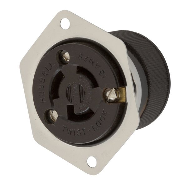 Hubbell Wiring Device-Kellems Locking Devices, Twist-Lock®, Industrial, Flanged Receptacle, 15A 277V AC, 2-Pole 3-Wire Grounding, L7-15R, Screw Terminal, Stainless Steel HBL4785